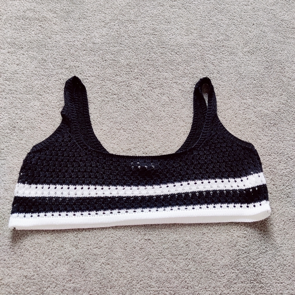 De Base Women's Knit Crotchet Bralette Black White Striped Bohemian Size Large